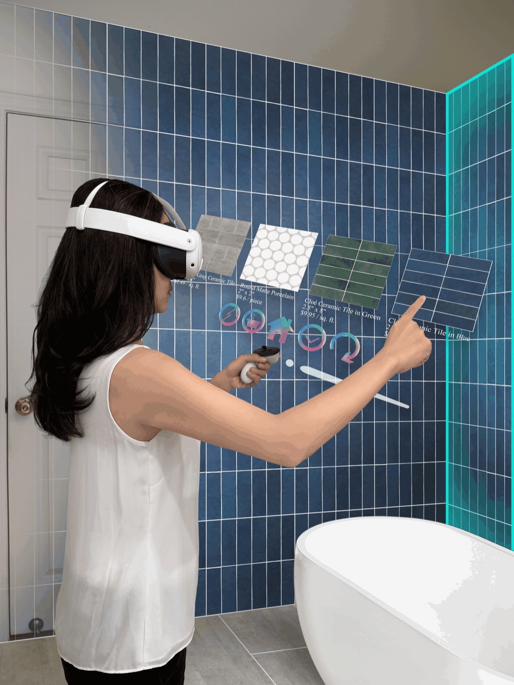 A person wearing a VR headset points at floating tile samples, previewing blue tiles on a bathroom wall.