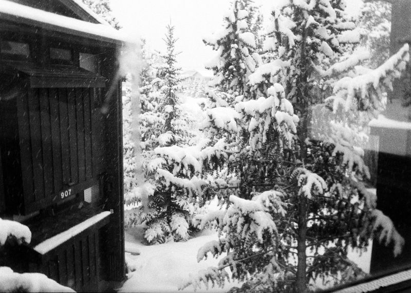 Snowy cabin, black and white film