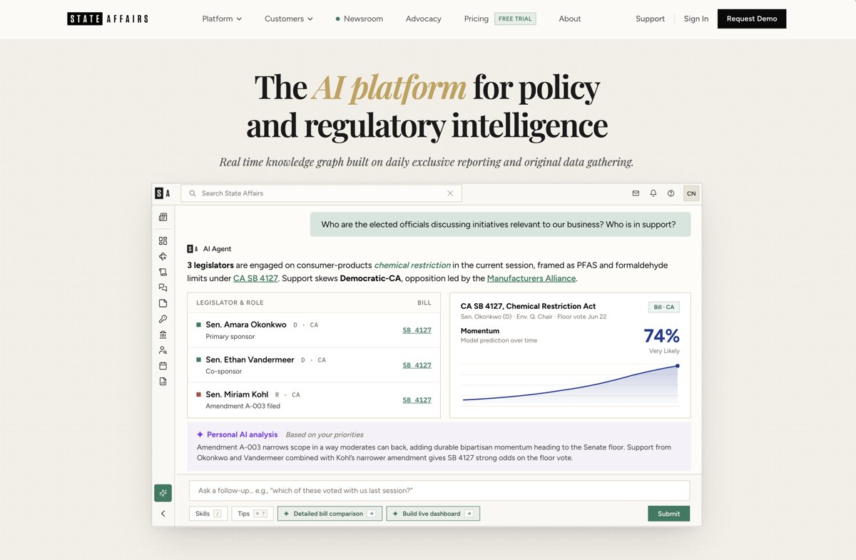 State Affairs Pro: the AI agent answers a question about legislators, with a bill momentum chart and personal AI analysis