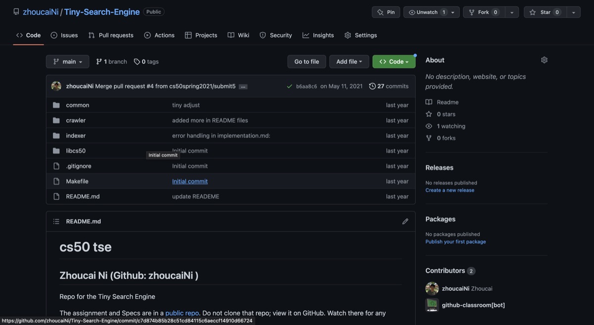 Terminal output from the Tiny Search Engine querier